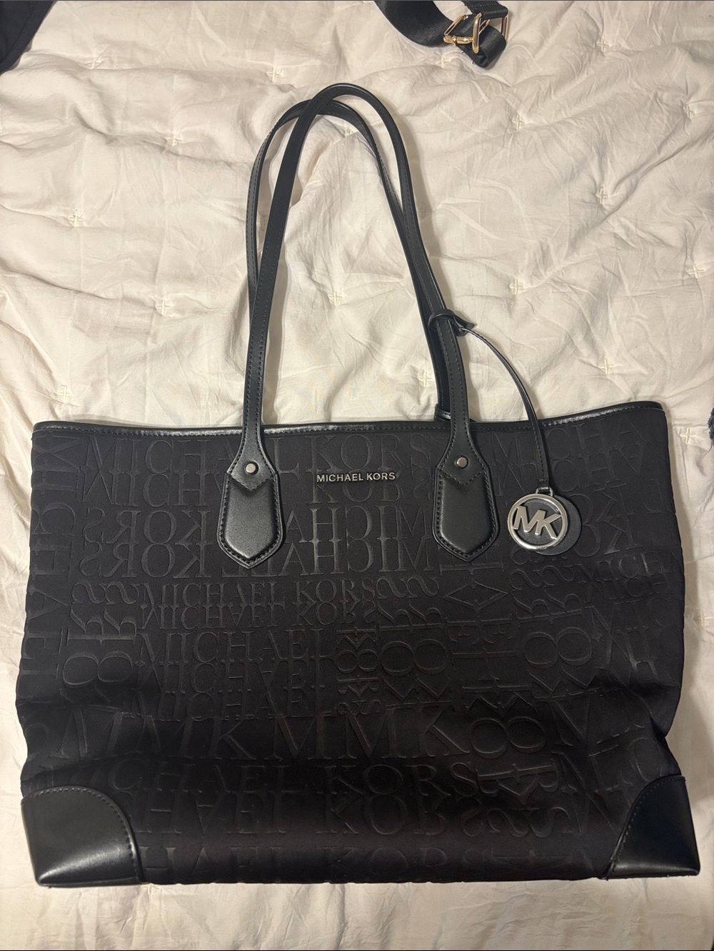 Michael Kors Black Embossed Logo Tote with MK Charm